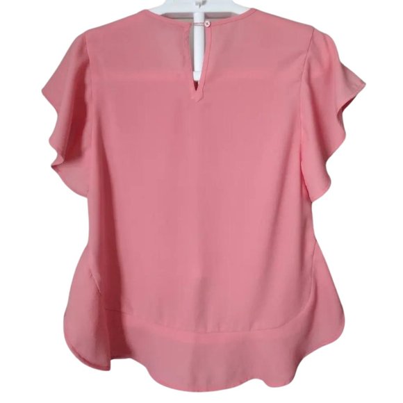 Women's Pink Blouse Ruffle Formal Crepe Short Sleeve Crewneck Button Back Size S - Picture 2 of 12